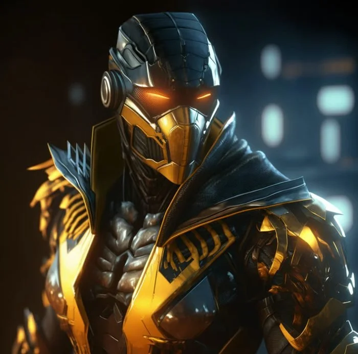 Futuristic armored character with glowing orange eyes, wearing a yellow and black suit with a high-tech helmet, in a dark setting with glowing lights.