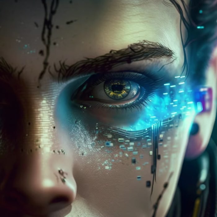 Close-up of a futuristic human face with digital enhancements and glowing blue digital interface around the eye.