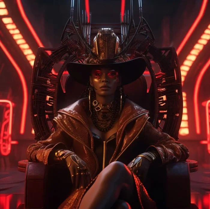 A woman dressed in a dark hat, metallic gold jacket, and jewelry sitting on a throne-like chair in a futuristic setting with red neon lighting.