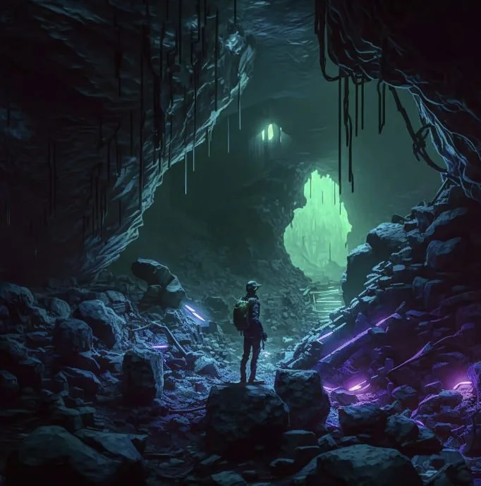 A person exploring a dark, mystical cave with glowing purple and blue lights, natural rock formations, stalactites hanging from the ceiling, and an opening showing bright green light outside.