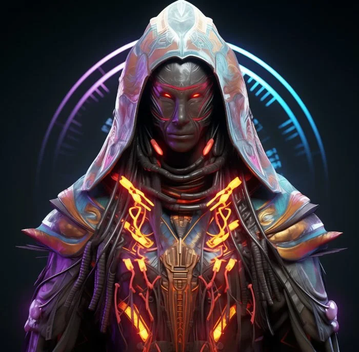 A futuristic digital illustration of a humanoid figure with glowing red eyes, wearing a hooded cloak with metallic and glowing circuitry patterns, set against a dark background with neon circular designs.