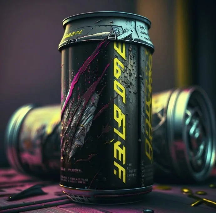 A black energy drink can with yellow and pink graphics, with two other similar cans blurred in the background on a dark surface.