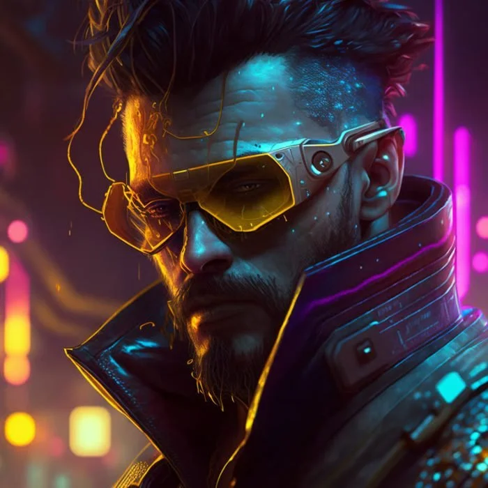 Close-up of a futuristic cyberpunk character with glowing neon lights, wearing high-tech goggles, a dark jacket with illuminated accents, and a serious expression.