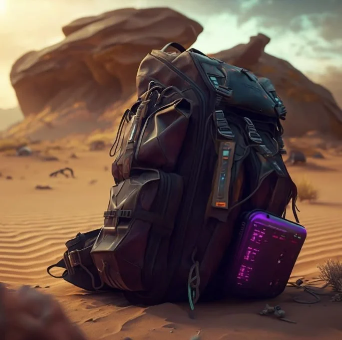 A large black and gray backpack resting on sandy desert terrain with a rocky formation in the background, and an electronic device with glowing purple text attached to the side of the backpack.