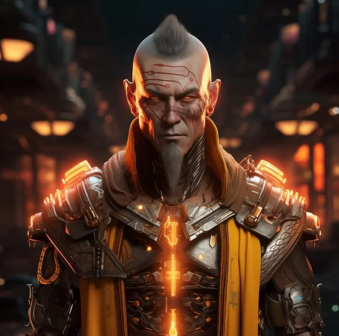 Futuristic cyborg with a fierce expression, bald with a mohawk, glowing orange lines on face and chest, wearing advanced armor with glowing orange accents, set in a high-tech environment.