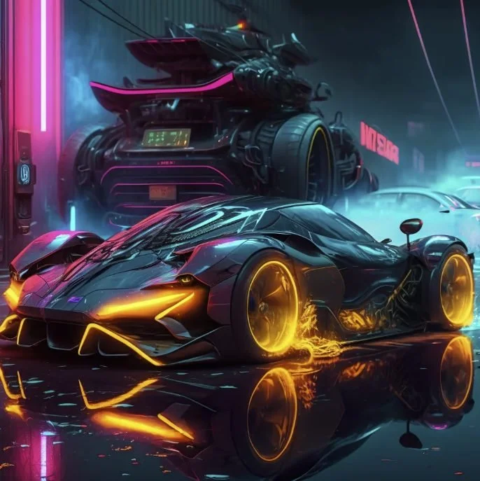A futuristic, sleek black sports car with glowing yellow accents, parked indoors with neon lights, and a larger, heavily modified vehicle resembling a tank or hovercraft in the background.