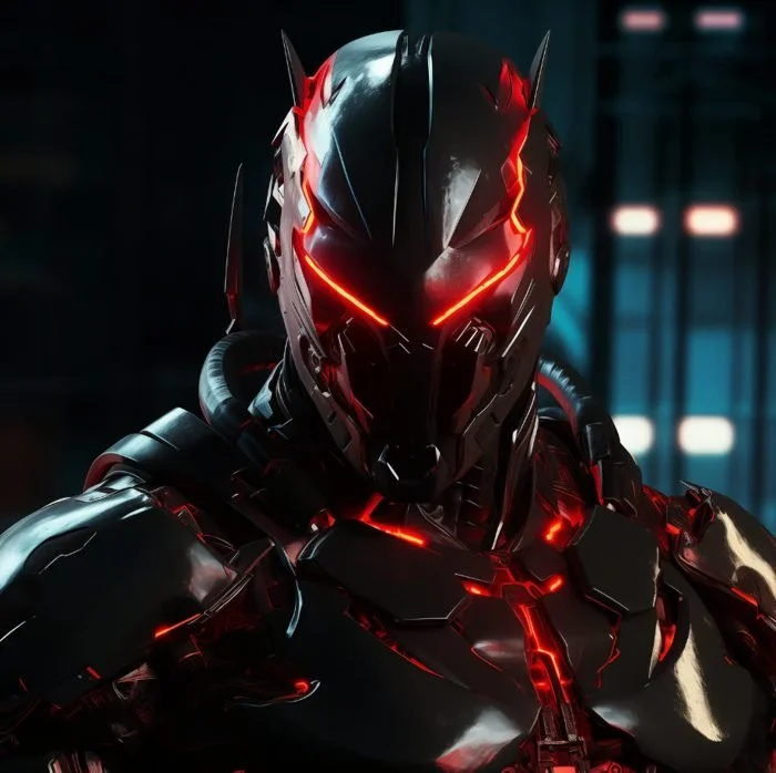 Close-up of a futuristic, armored robot with a sleek black and red design, glowing red eyes and red accents, in a dark setting.