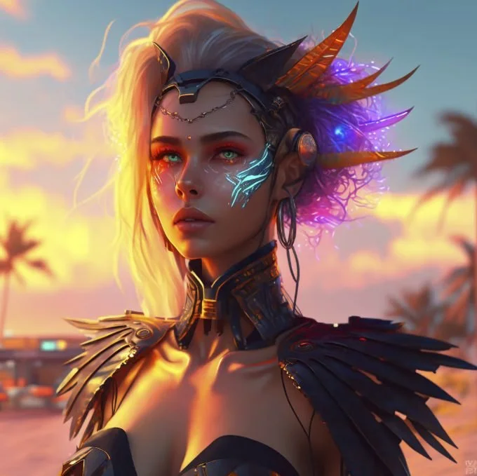 Futuristic female character with cybernetic and tribal elements, vibrant neon colors, and a sunset background with palm trees.