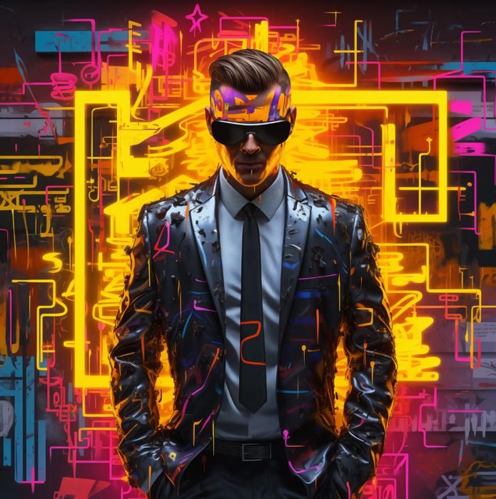 A man wearing a shiny black suit, sunglasses, and a tie, standing in front of a vibrant, neon-lit background with colorful abstract digital patterns and lines.