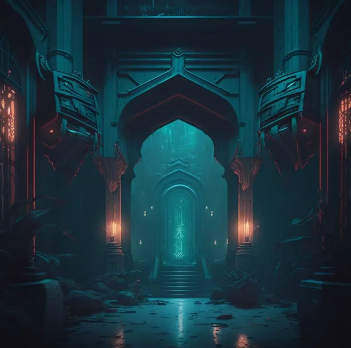 A dark, mystical castle interior with glowing lights, tall archways, and a staircase leading to a glowing portal or door, evoking a fantasy or sci-fi atmosphere.