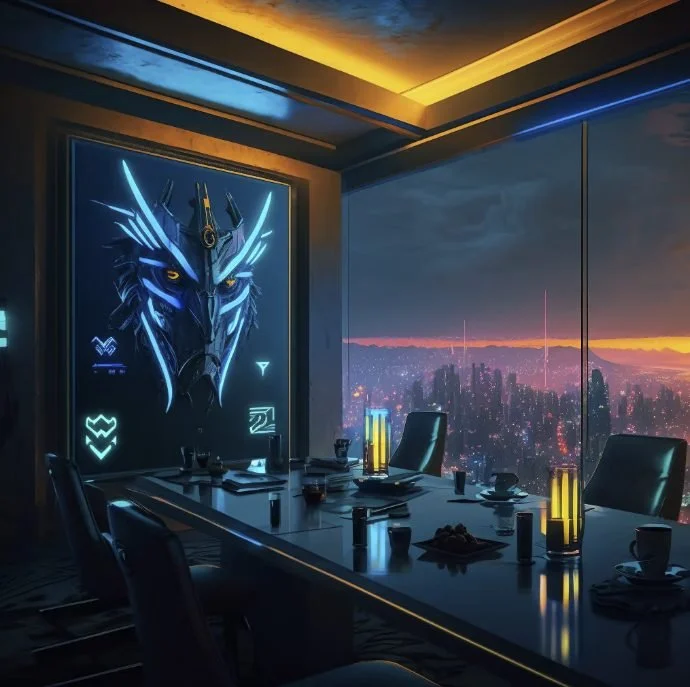 A futuristic conference room with a large digital mural of a neon-lit wolf's head on the wall, overlooking a city skyline at sunset through floor-to-ceiling windows, with a long table set for a meeting and illuminated by modern lamps.