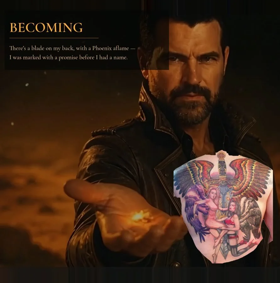 A man with a beard and dark hair, wearing a black leather jacket, holding a tattoo design of a phoenix with colorful wings and two women.