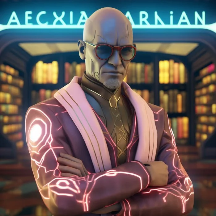 A futuristic character with bald head, wearing glasses and a stylish jacket with glowing lines, standing in a library with neon signs overhead.
