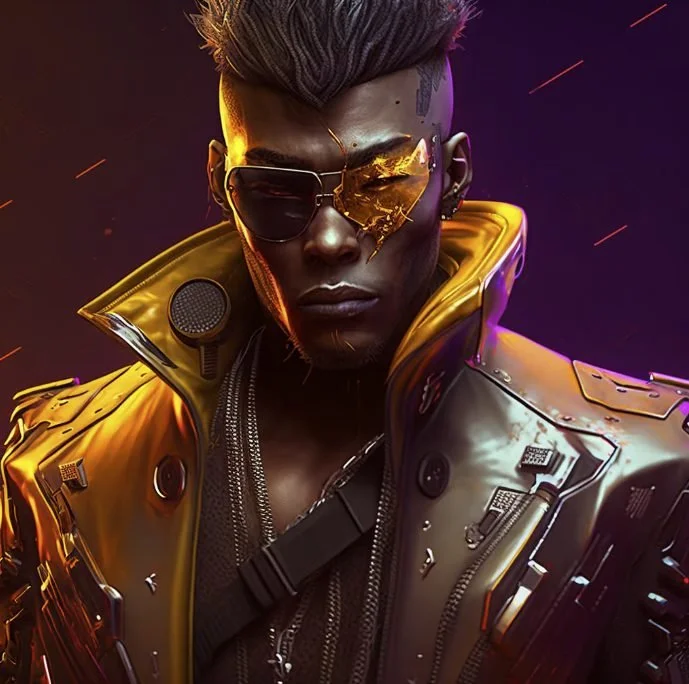 A futuristic person wearing a shiny yellow jacket with a high collar, dark sunglasses with a reflection, and a metallic face mask showing a glowing cityscape.