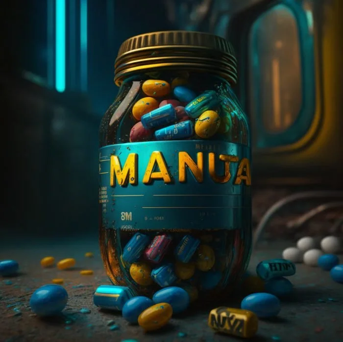 A jar labeled 'MANGA' filled with various colorful capsules and tablets, with some spilled on the surface around it.