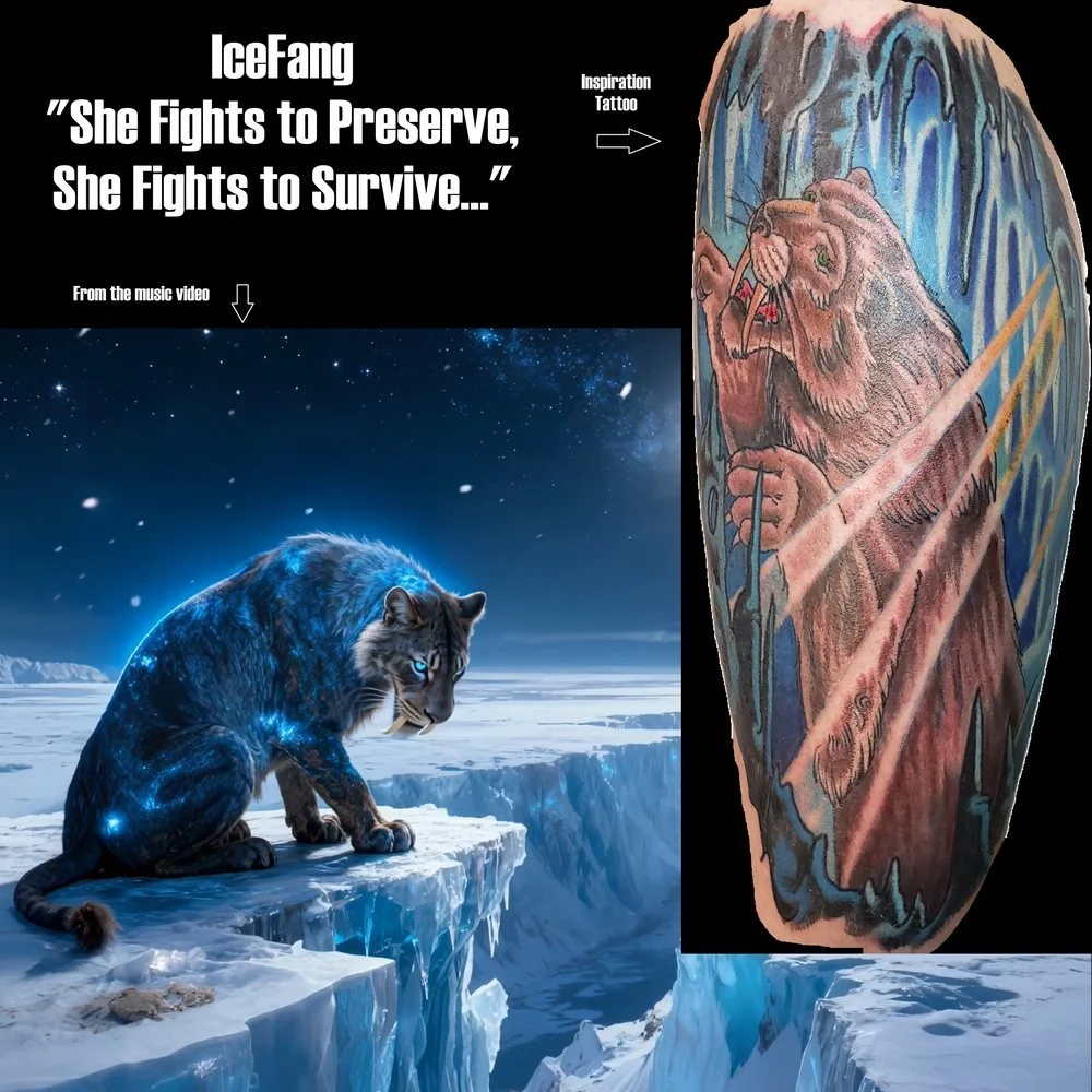 A digital collage featuring a black background with white text reading 'IceFang, She Fights to Preserve, She Fights to Survive.' Below the text is a snowy, icy landscape with a cat with a galaxy pattern on its fur sitting on ice ledges, under a starr