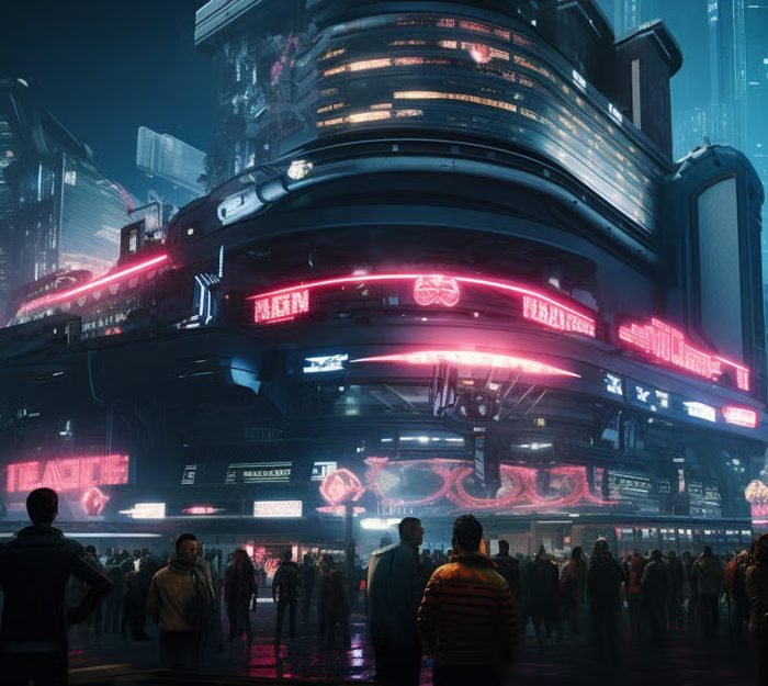 Futuristic city street at night with neon lights and crowds of people, towering digital billboards.
