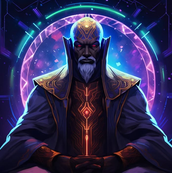 A futuristic, dark-skinned male figure with glowing red eyes and a white beard, wearing ornate armor with glowing circuit patterns, seated with hands clasped, surrounded by a vibrant, cosmic energy field with neon lights and circular geometric patter