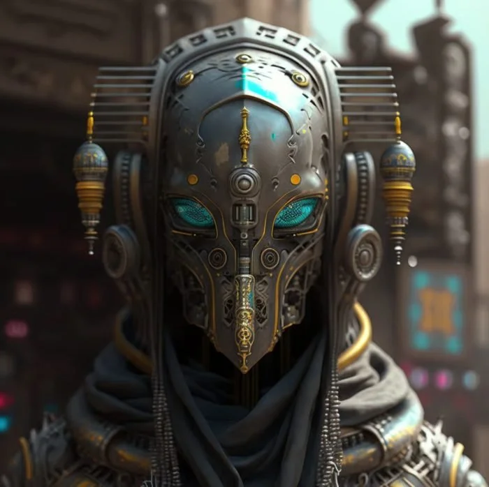 A detailed, futuristic humanoid robot with a metallic face resembling an ornate mask, glowing blue eyes, and intricate golden and silver decorations, wearing a dark fabric around its neck.