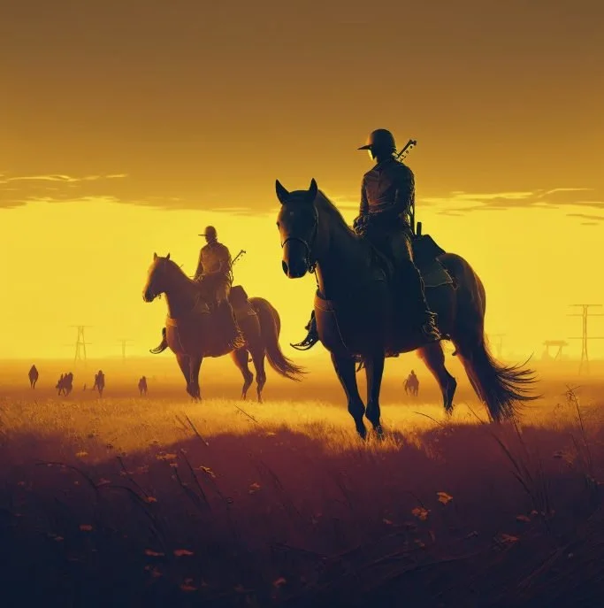 Two horseback riders silhouetted against a sunset in a wide open field with power lines in the background.