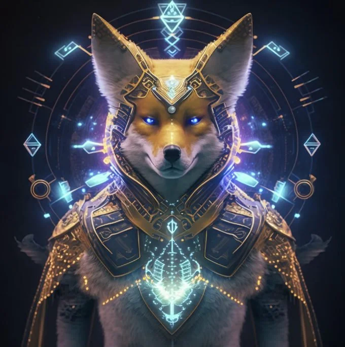 A digitally animated image of a dog with glowing blue eyes, wearing futuristic armor with glowing blue and gold accents, surrounded by glowing geometric symbols and patterns.