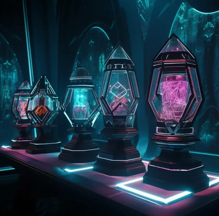 Four illuminated glass display cases with glowing pink and blue lights, showing holographic or digital models inside, set against a dark, futuristic background.