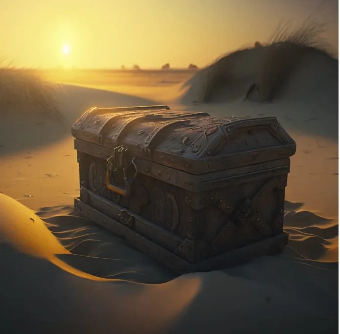 An old, weathered treasure chest partially buried in sand dunes during sunset in a desert landscape.