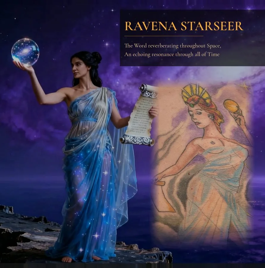 A woman dressed in a flowing blue and purple gown holds a glowing orb in her hand, standing on a rocky surface under a starry night sky. Behind her is a scroll and an artistic illustration of a woman with a crown, holding a mirror.