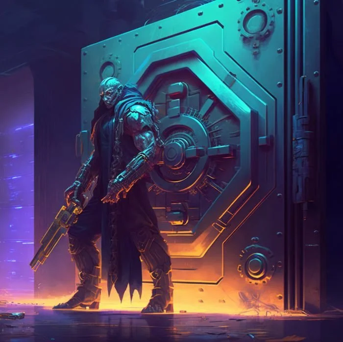 A muscular, robotic humanoid figure with tattoos, wearing dark clothing, standing in front of a glowing, high-tech vault door with a futuristic weapon in hand, in a sci-fi setting with orange and purple lighting.