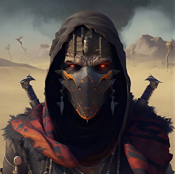 A character in a dark hooded cloak wearing a metallic mask with glowing red eyes and two swords on his back, set in a barren desert landscape with dead trees and mountains in the background.