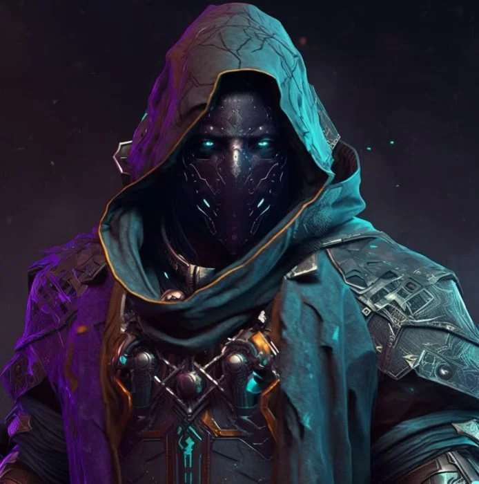 A futuristic character wearing a hood and mask with glowing eyes in dark setting.