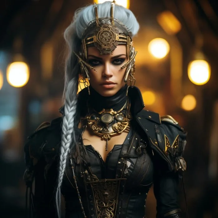 A woman dressed in futuristic armor with intricate gold and black details, wearing a metallic headpiece and long braided silver hair, in a setting with warm, blurred lights in the background.