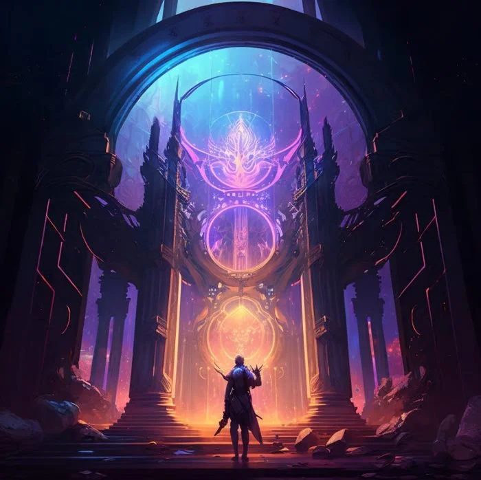 A fantasy scene of a figure standing before a grand, illuminated door in a mystical, ancient-looking cathedral with glowing symbols and vibrant purples, blues, and orange hues.