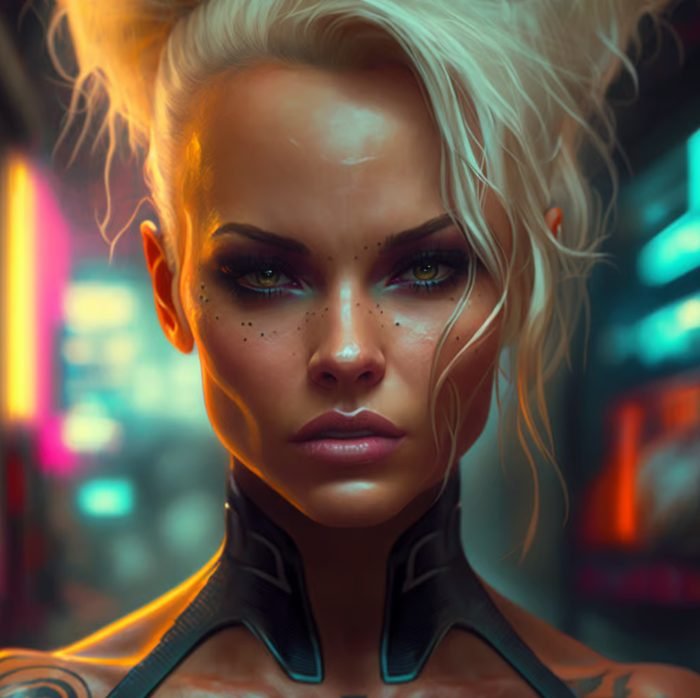 Close-up of a woman with platinum blonde hair styled in an updo, wearing futuristic makeup and a high-tech black collar, standing in a neon-lit urban environment.