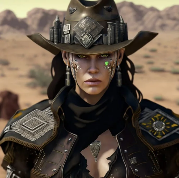 A woman dressed in futuristic, tactical armor with a desert landscape background.