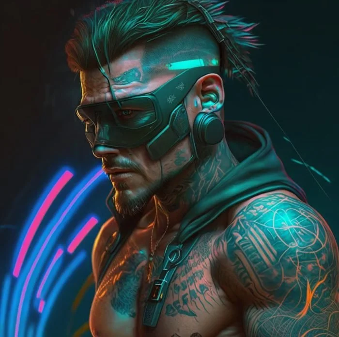 A futuristic, tattooed man with green hair wearing a high-tech headset and visor, with neon lights in the background.