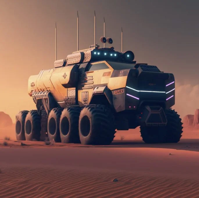 A large futuristic armored vehicle with multiple wheels and antennas, driving across a desert landscape at sunset.