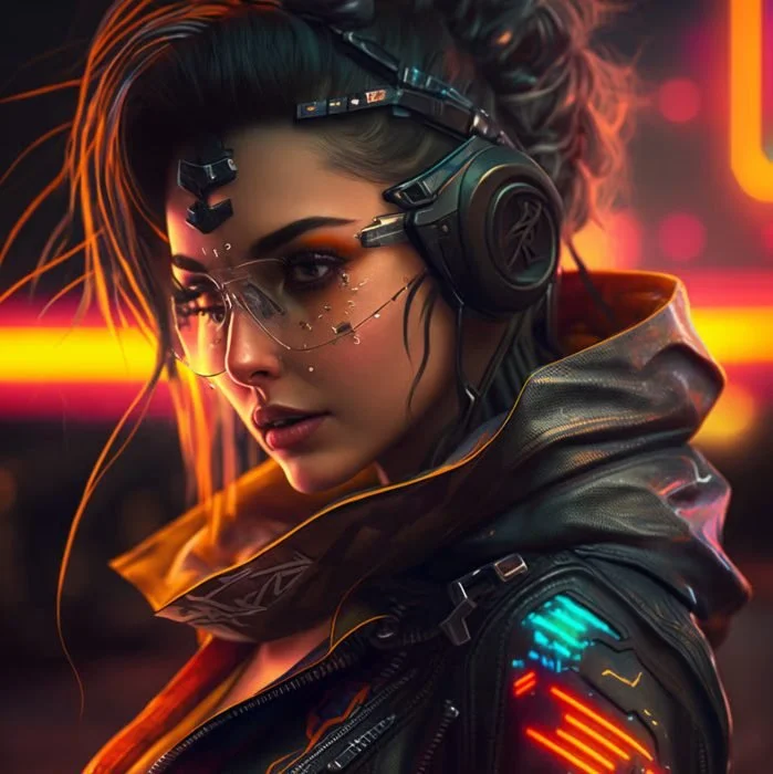 A woman wearing large over-ear headphones, clear glasses, and a black leather jacket with colorful neon accents, in a futuristic cyberpunk setting with vibrant neon lights.