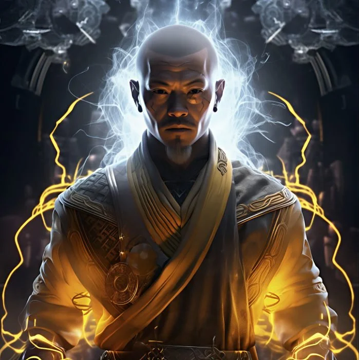 A man with a serious expression, dressed in futuristic robes, surrounded by glowing yellow and white energy, with a dark background and lightning-like effects.
