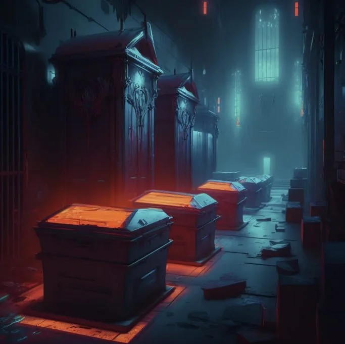 A dark, abandoned church with three coffins illuminated by orange lights, broken debris on the floor, and intense blue and red lighting creating a mysterious atmosphere.