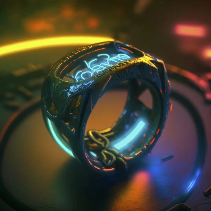 A futuristic ring-shaped digital device with neon lights in blue, yellow, and orange, reflecting on a dark surface with colorful blurred lights in the background.