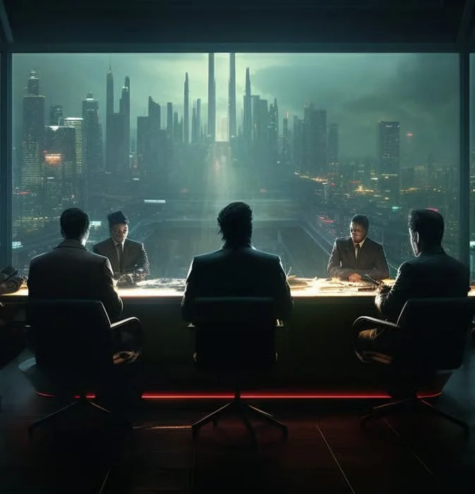 A group of five business professionals sit at a long conference table in a high-rise office, overlooking a futuristic cityscape with tall skyscrapers and dark, stormy skies.