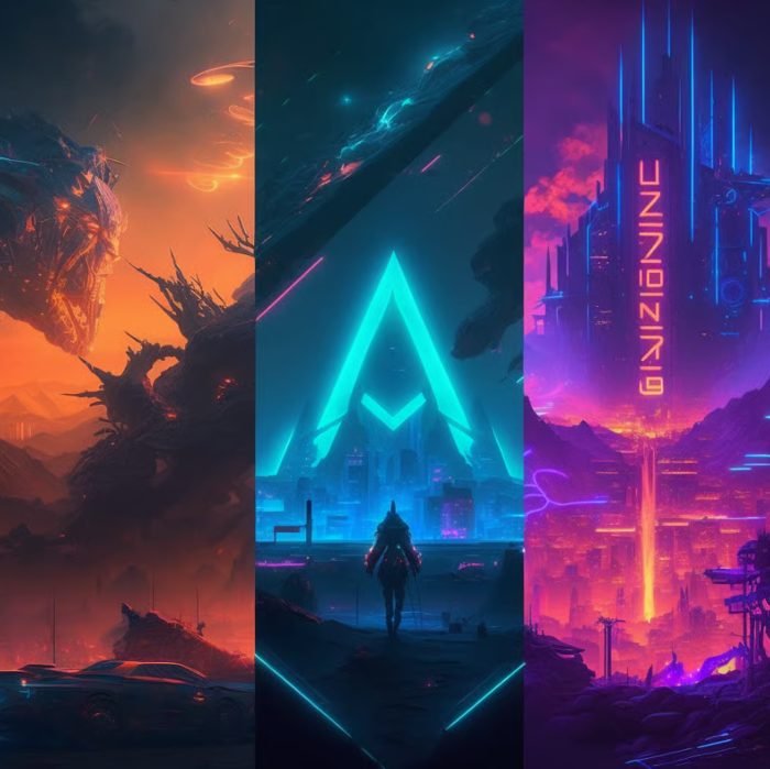 A digital collage of three futuristic sci-fi scenes with vibrant neon colors and advanced technology.
