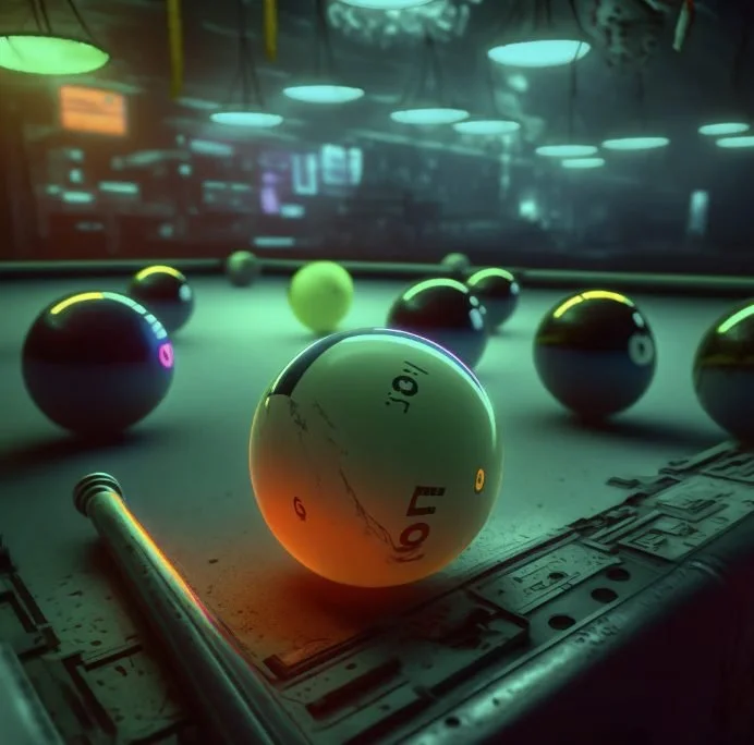 Billiard table with colorful splotch billiard balls, a cue stick, and a background of neon lights and reflections