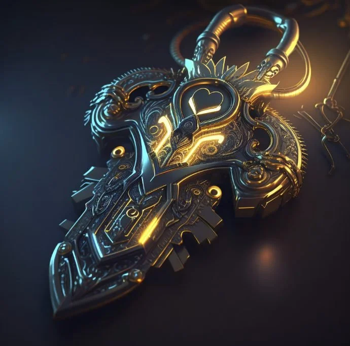 A futuristic, metallic heart-shaped padlock with illuminated glowing details, surrounded by mechanical and technological components.