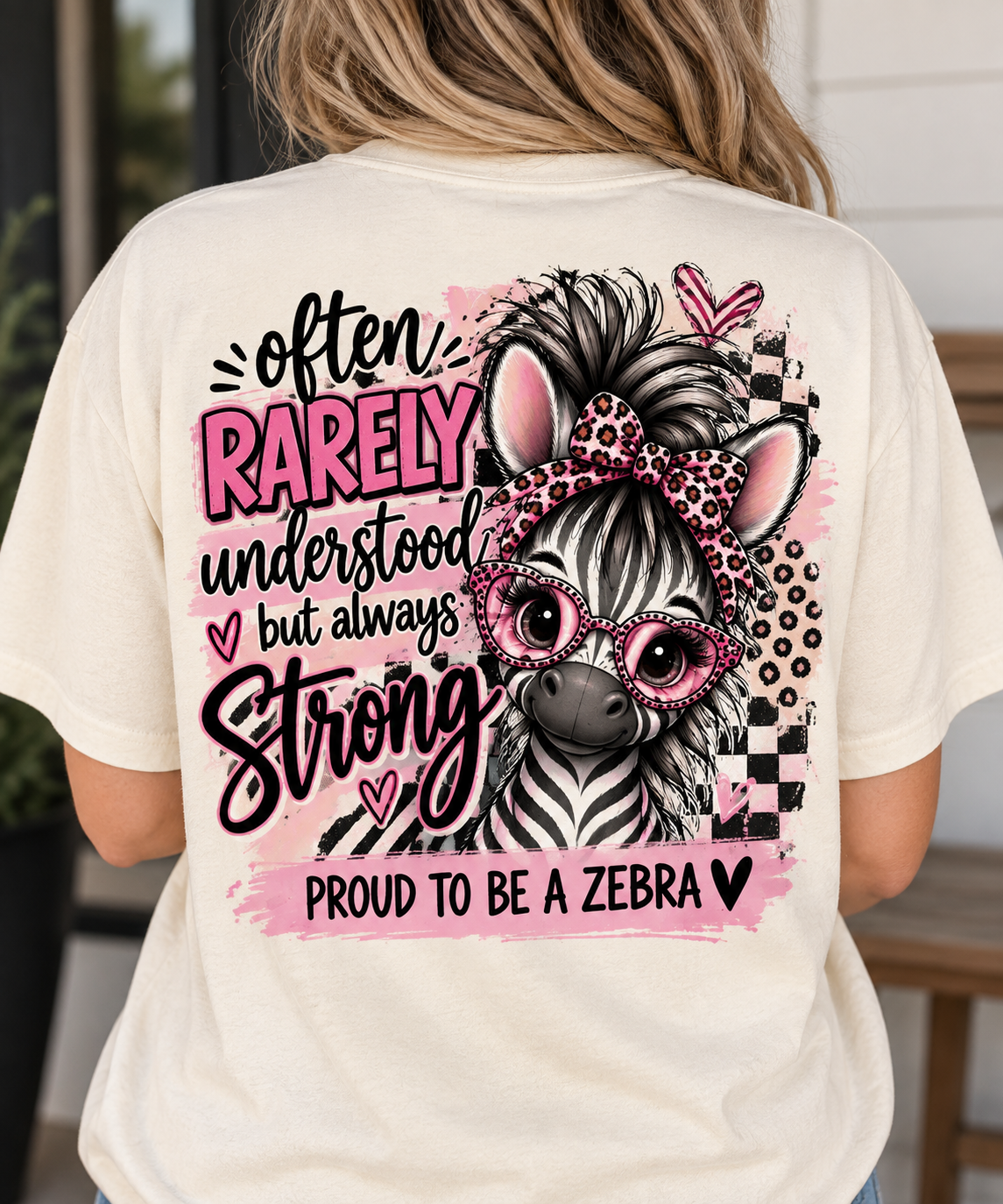 Back of a beige T-shirt with a printed design of a cute zebra wearing pink leopard-print glasses and a matching bow, surrounded by pink hearts, black and pink text that reads 'often rarely understood but always strong proud to be a zebra,' with a pink painted background and black checkered pattern.