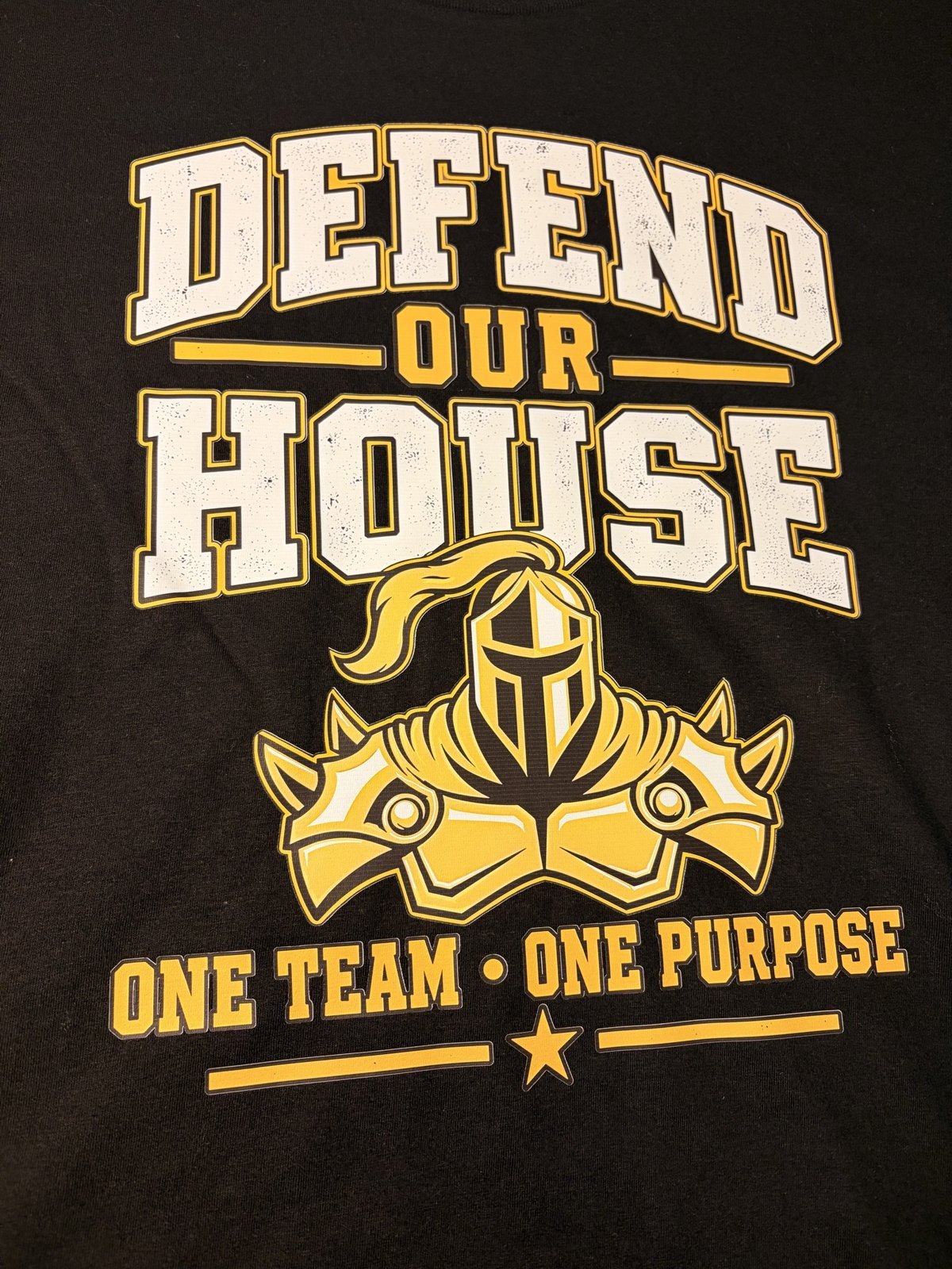 Black sweatshirt printed with Defend Our House, One Team One Purpose and a gold armor helmet