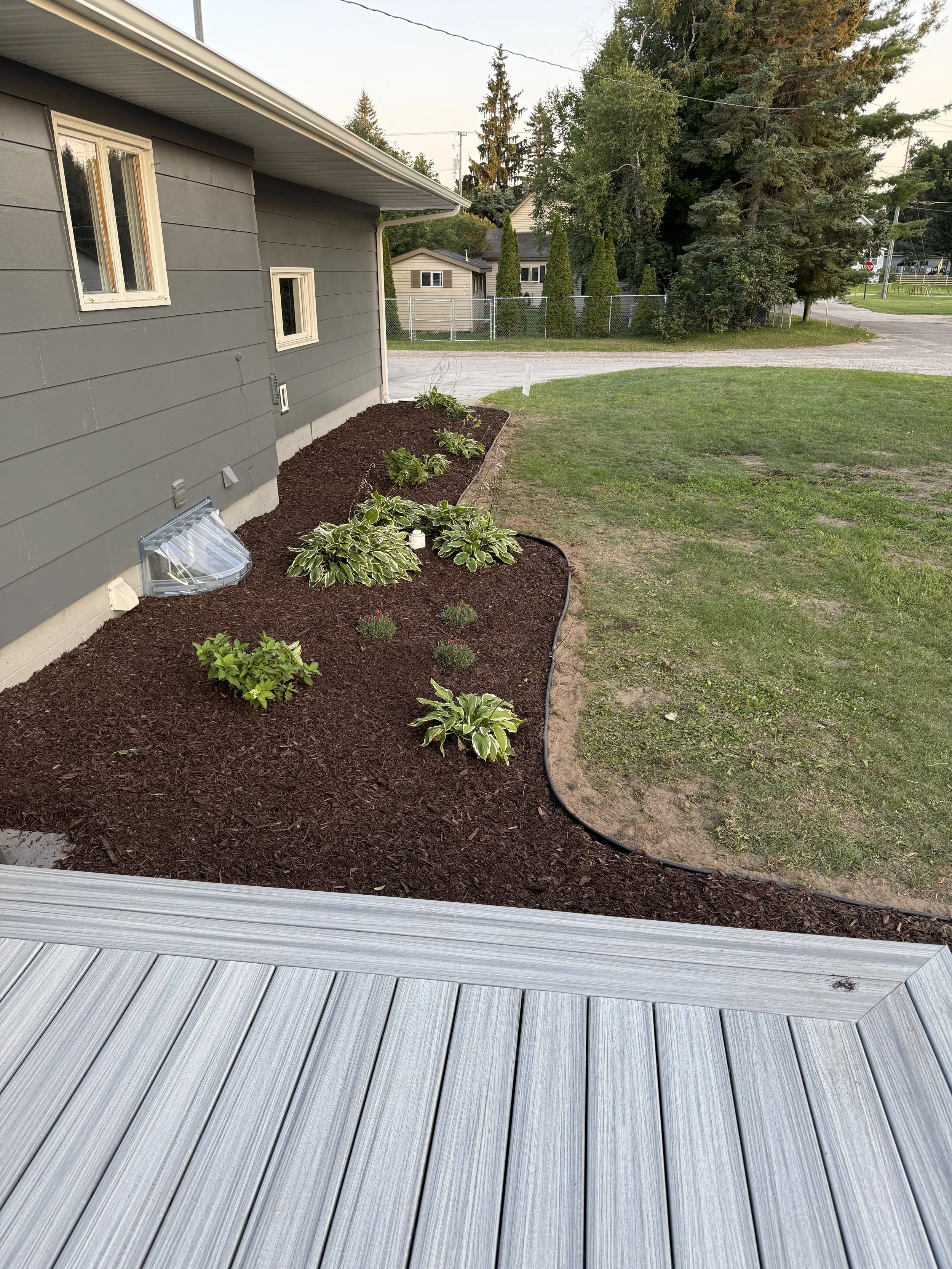 A backyard with a gray house on the left, featuring three small windows and a flower bed with plants, mulch, and a garden hose. To the right is a patch of grass with a concrete path, and beyond that, a chain-link fence with trees and neighboring houses in the background.