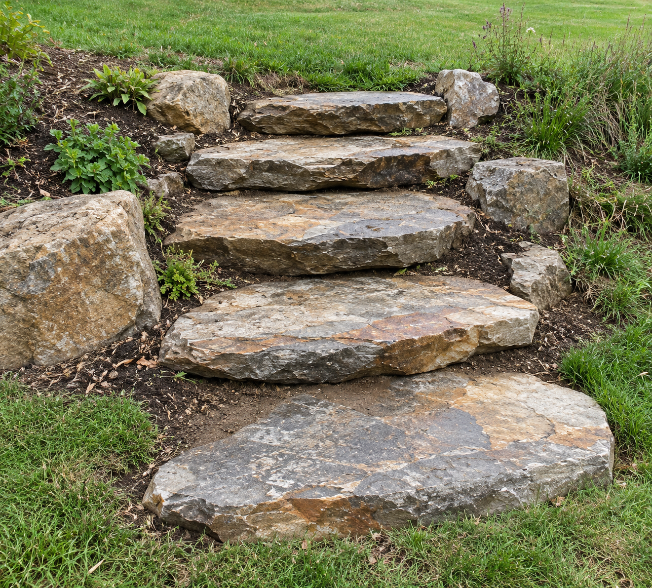Landscaped garden steps made from large natural stone slabs, bordered by rocks, plants, and grass.