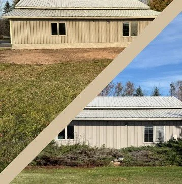 Two views of a beige metal-sided building with a corrugated metal roof, shown before and after landscaping improvements.